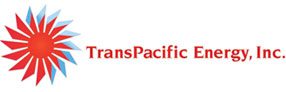 A red and white logo for transpacific.